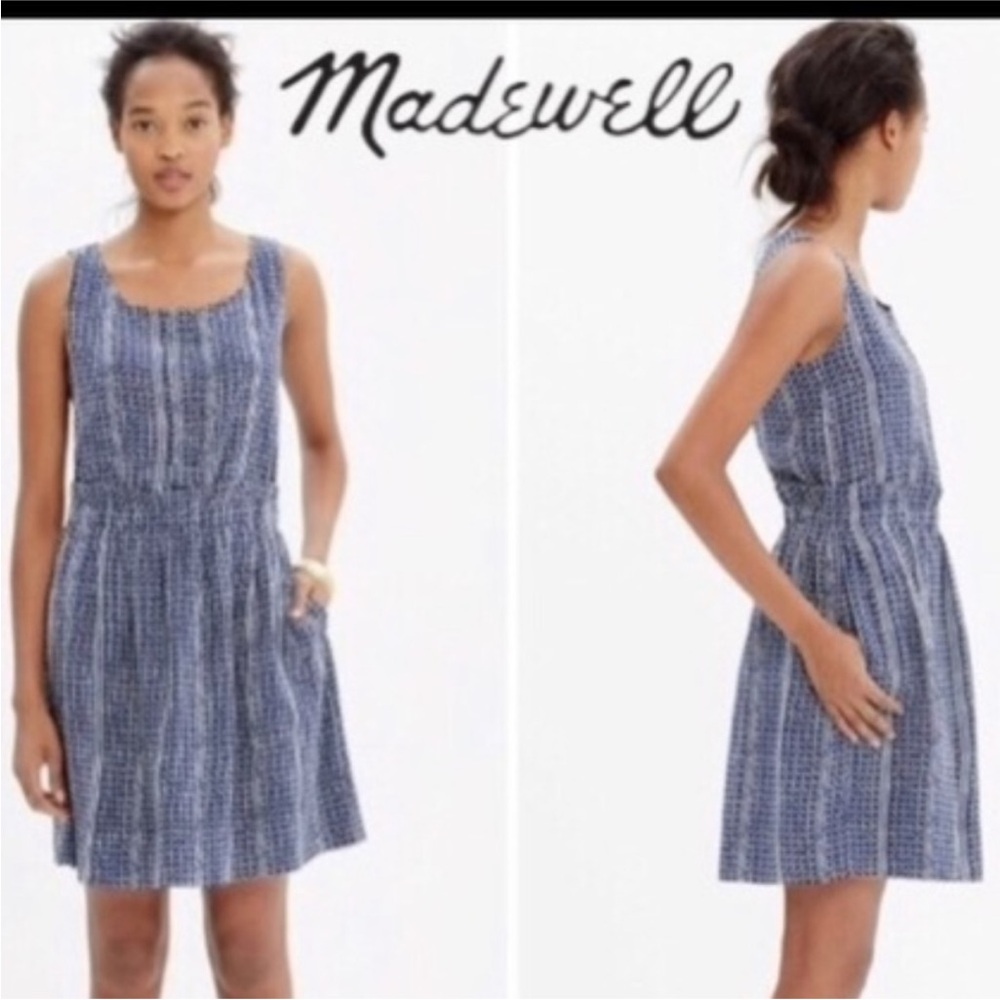 Madewell Silk Blue White Paperbag Waist Batik Tank Dress with Pockets Size‎ 8